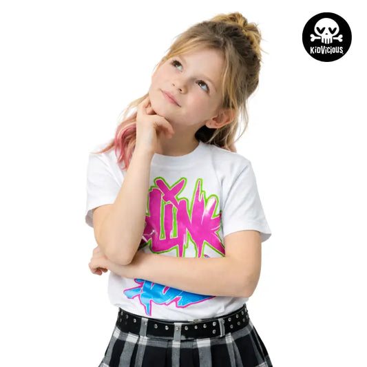Cool Young Girl Wearing a Kids White Blink 182 Neon Logo T-shirt