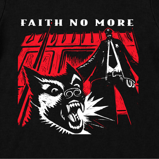 Close up of Faith No More Babygrow with King For a Day Artwork printed on a plain black babygrow