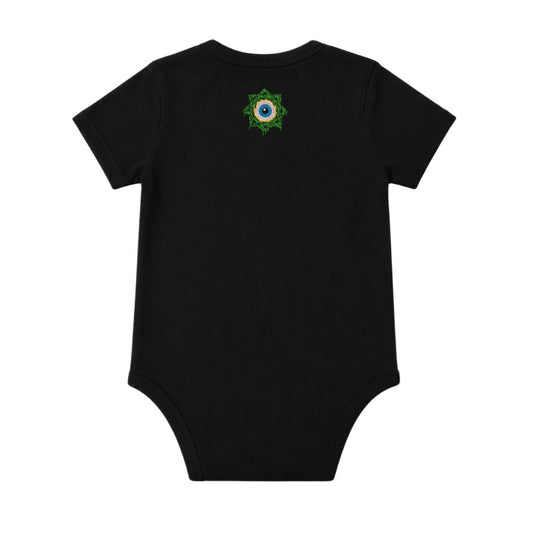 back print of Faith No More Babtgrow with Slime Sludge Eye Logo printed on a plain black babygrow