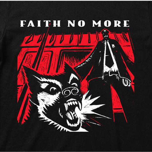 Close Up of Faith No More Kids T-shirt with King For A Day artwork printed in full colour on a plain black t-shirt
