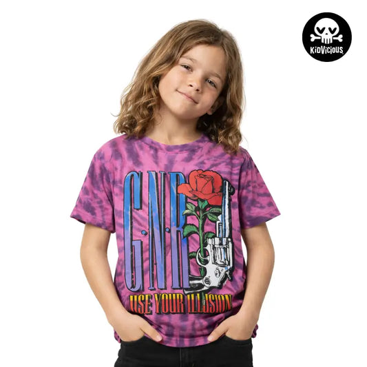 Cool Young Kid Wearing a Kids Guns N Roses Revolver Tie Dye T-shirt