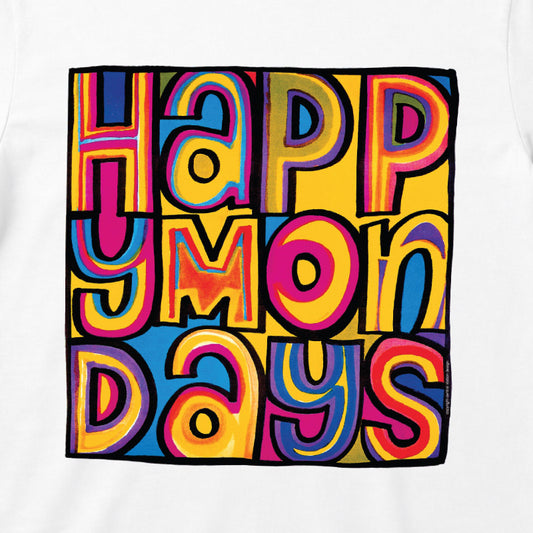 Happy Mondays Kids T-shirt. White T-shirt with Greatest Hits artwork Close Up