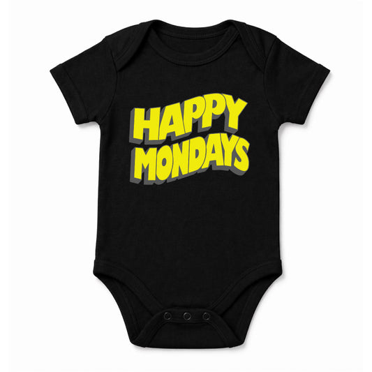Happy Mondays Babygrow. Black Babygrow with Happy Mondays Classic Wavy Logo In Yellow