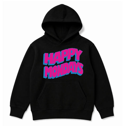 Happy Mondays Kids Black Hoodie. Kids Hoody with Happy Mondays Classic Wavy Logo In Pink