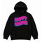 Happy Mondays Kids Black Hoodie. Kids Hoody with Happy Mondays Classic Wavy Logo In Pink