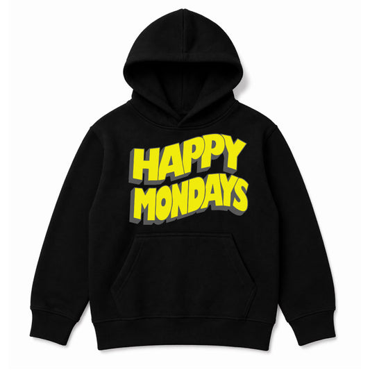Happy Mondays Kids Black Hoodie. Kids Hoody with Happy Mondays Classic Wavy Logo In Yellow