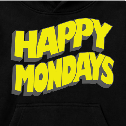 Happy Mondays Kids Black Hoodie. Kids Hoody with Happy Mondays Classic Wavy Logo In Yellow Close Up