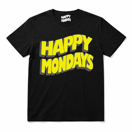 Happy Mondays Kids Black T-shirt. Kids T-Shirt with Happy Mondays Classic Wavy Logo In Yellow