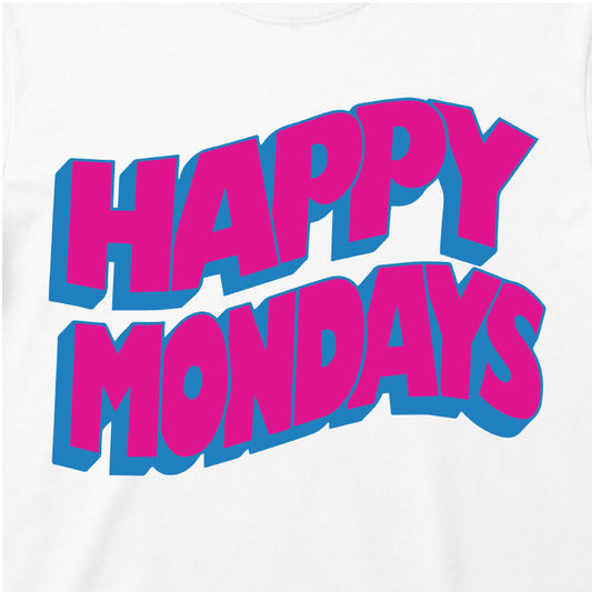 Happy Mondays Kids White T-shirt. Kids T-Shirt with Happy Mondays Classic Wavy Logo In Pink Close Up