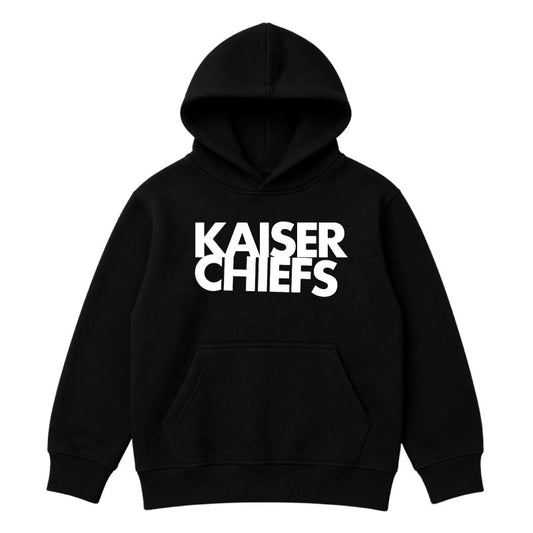 Kaiser Chiefs kids hoodie with Kaiser Chiefs logo printed in white on a plain black hoody