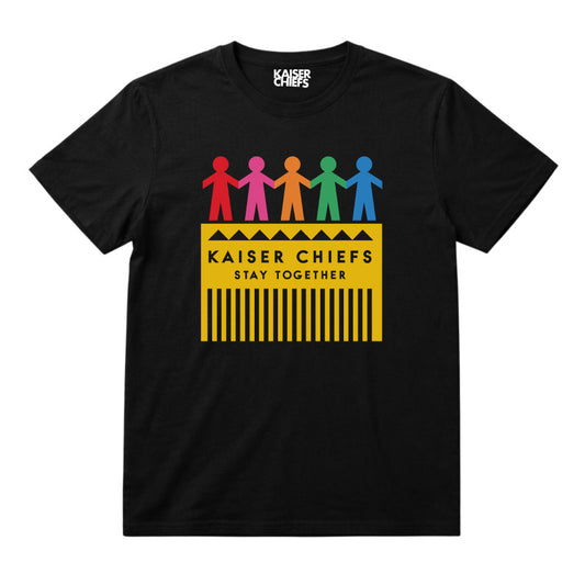 Kaiser Chiefs Kids T-shirt with Kaiser Chiefs Paper Dolls artwork printed in full colour on a plain black t-shirt