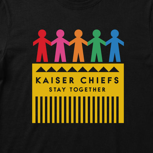 Close up of Kaiser Chiefs Kids T-shirt with Kaiser Chiefs Paper Dolls artwork printed in full colour on a plain white t-shirt