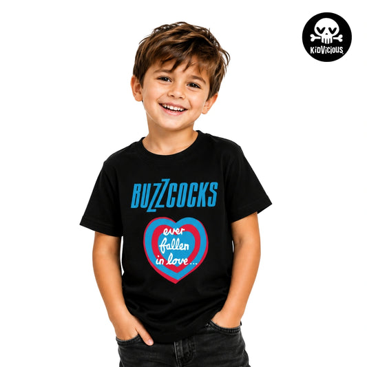 Kid Wearing Buzzcocks Ever Fallen In Love T-shirt. Black T-Shirt with Ever Fallen In Love Artwork