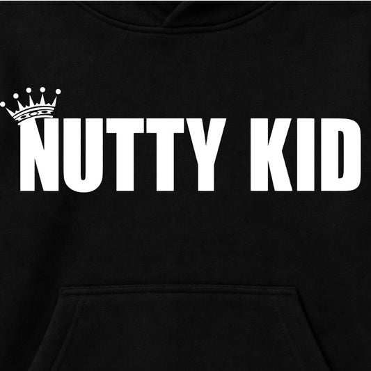 Close Up Of Madness Nutty Kid Kids Hoodie. White Nutty Kid Artwork on a Black Hoody