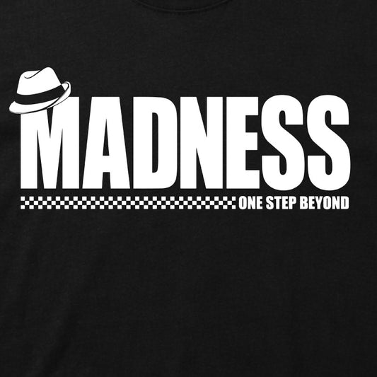 Close Up Of Madness One Step Beyond Kids T-shirt. White Madness Logo on a Black T-Shirt