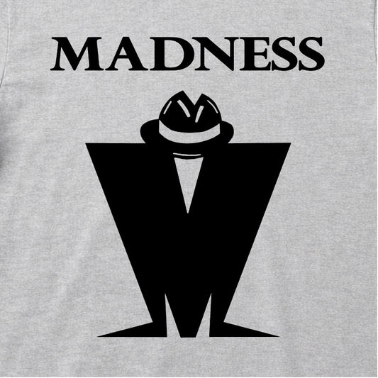Close Up Of Madness Classic M Logo Kids T-shirt. Black Madness Logo on a Grey T-Shirt