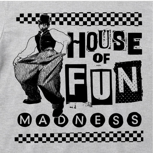 Close Up Of Madness House Of Fun Kids T-shirt. Black House Of Fun Artwork on a Grey
