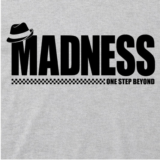 Close Up Of Madness One Step Beyond Kids T-shirt. Black Madness Logo on a Grey T-Shirt