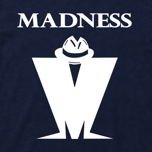 Close Up Of Madness Classic M Logo Kids T-shirt. White Madness Logo on a Navy T-Shirt