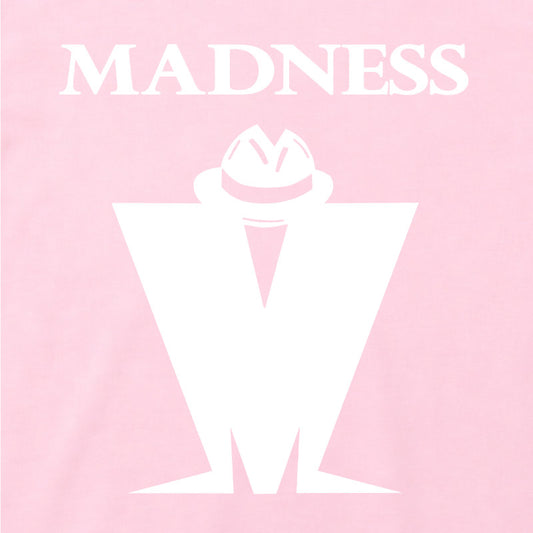 Close Up Of Madness Classic M Logo Kids T-shirt. White Madness Logo on a Pink T-Shirt