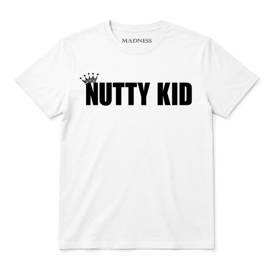Madness Nutty Kid Kids T-shirt. Black Nutty Kid Logo on a White T-Shirt
