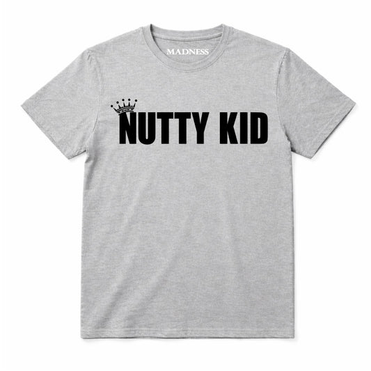 Madness Nutty Kid Kids T-shirt. Black Nutty Kid Logo on a Grey T-Shirt
