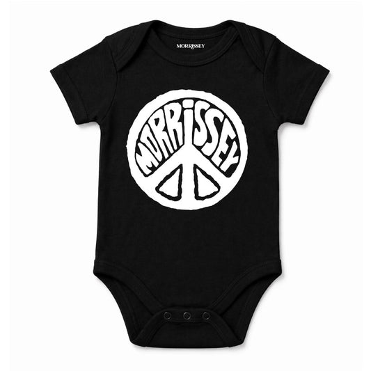 Black Morrissey Babygrow with a white Morrissey Peace Symbol printed