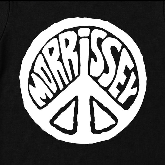 Close Up Of Black Morrissey Babygrow with a white Morrissey Peace Symbol printed