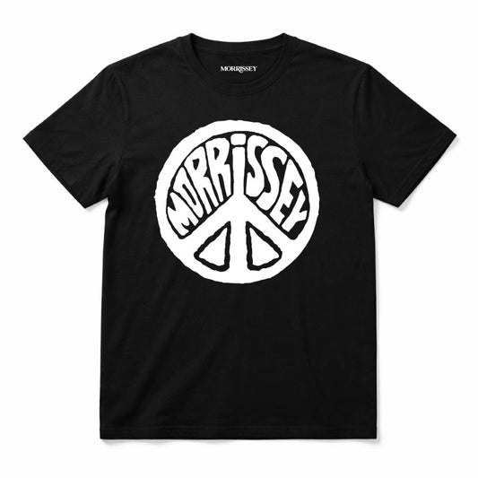 Black Morrissey Kids T-Shirt with a white Morrissey Peace Symbol printed graphic