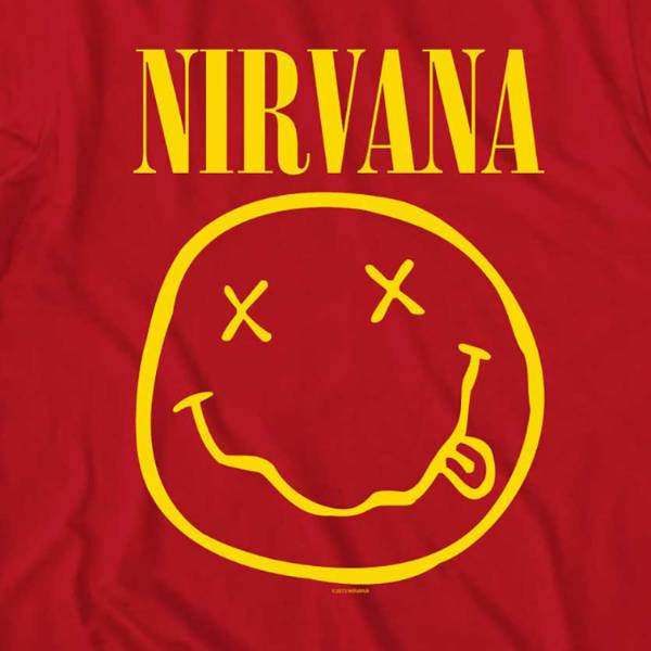 Nirvana Adult T-Shirt - Yellow Smiley Face - Red T-Shirt Nirvana Adult T-Shirt - Yellow Smiley Face - Red T-Shirt