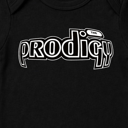 Close Up of The Prodigy Babygrow. The Prodigy Jilted Generation Logo printed on a plain black babygrow