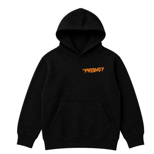 The Prodigy kids hoodie with The Prodigy Invaders Must Die artwork and logo printed on a plain black hoody
