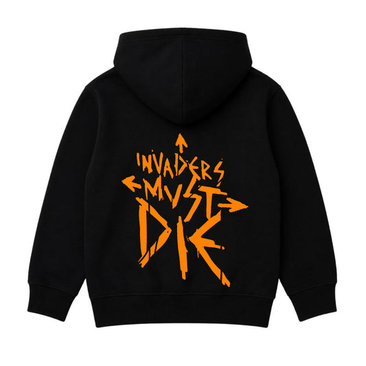 The Prodigy kids hoodie with The Prodigy Invaders Must Die artwork printed on the back of a plain black hoody