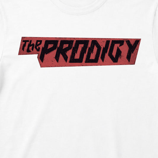 Close up of The Prodigy Kids T-shirt with The Prodigy Disrupta logo printed in full colour on a plain white t-shirt