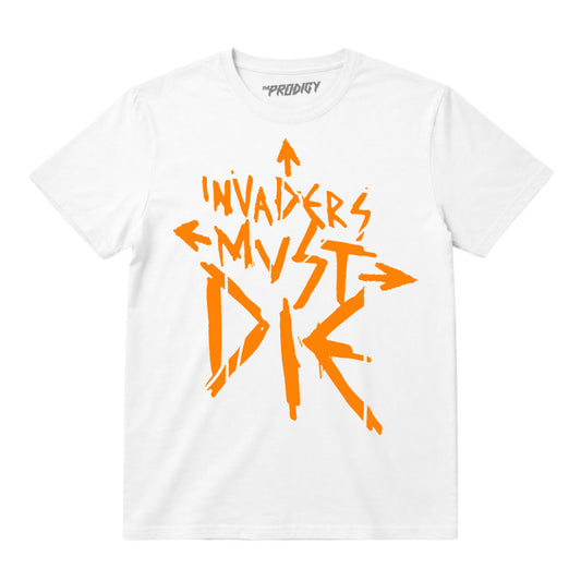 The Prodigy kids t-shirt with The Prodigy Invaders Must Die artwork printed in orange on a plain white t-shirt