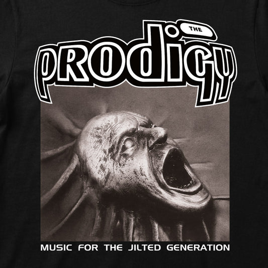 Close up of The Prodigy Kids t-shirt with Jilted Generation album artwork printed on a plain black t-shirt