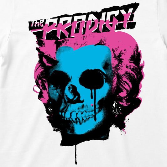 Close up of The Prodigy logo and War Hole artwork printed in full colour on a plain white t-shirt
