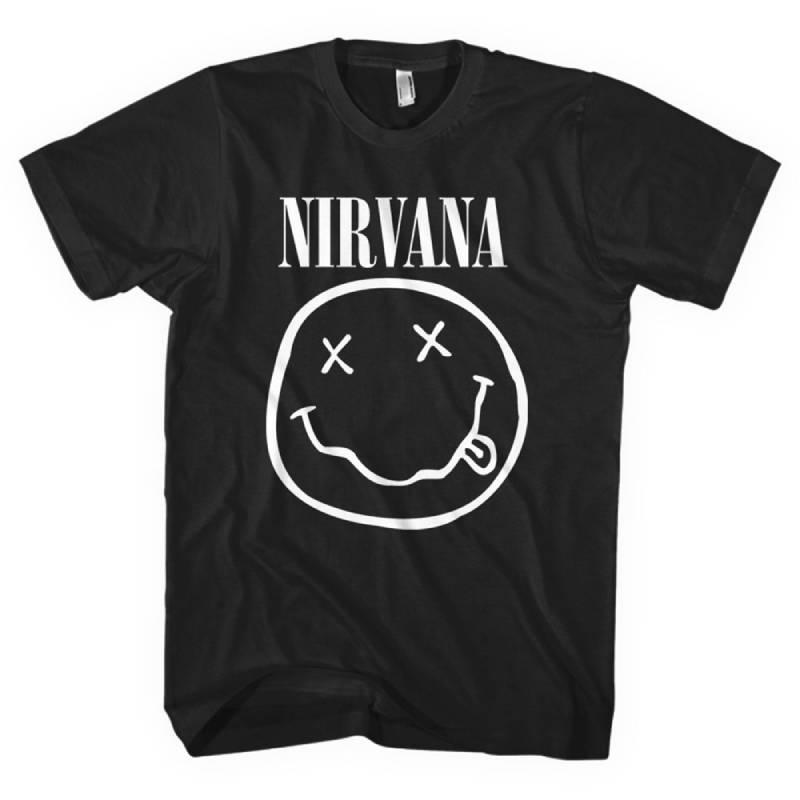 Nirvana Adult T-Shirt - Smiley Face - Black And White Nirvana Adult T-Shirt - Smiley Face - Black And White