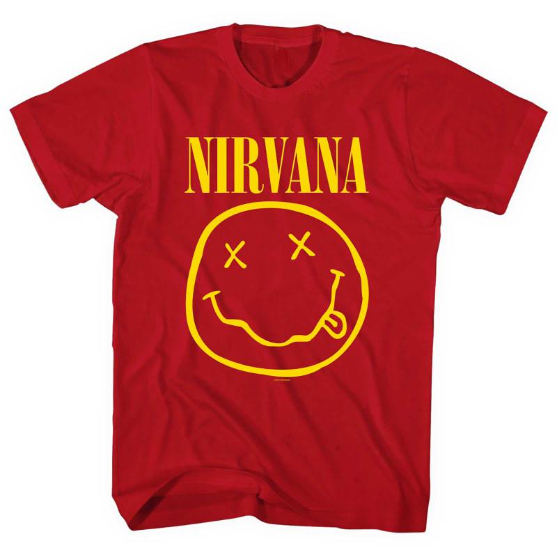 Nirvana Adult T-Shirt - Yellow Smiley Face - Red T-Shirt Nirvana Adult T-Shirt - Yellow Smiley Face - Red T-Shirt