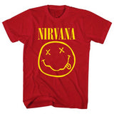 Nirvana Adult T-Shirt - Yellow Smiley Face - Red T-Shirt Nirvana Adult T-Shirt - Yellow Smiley Face - Red T-Shirt