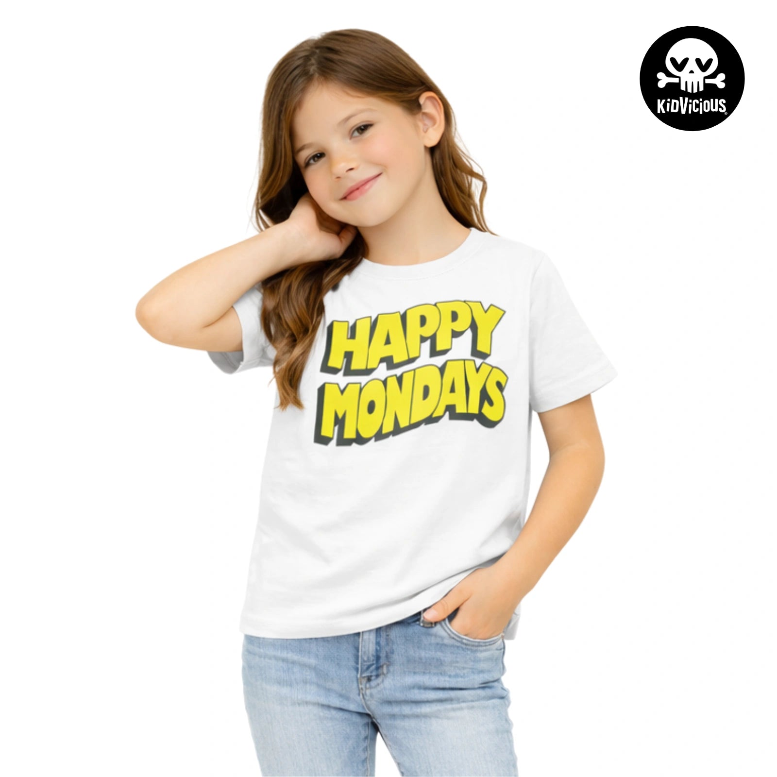 Close up of a kid wearing a white Happy Mondays T-shirt With Happy Mondays Classic wavy Logo In Yellow