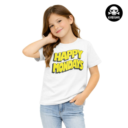 Close up of a kid wearing a white Happy Mondays T-shirt With Happy Mondays Classic wavy Logo In Yellow