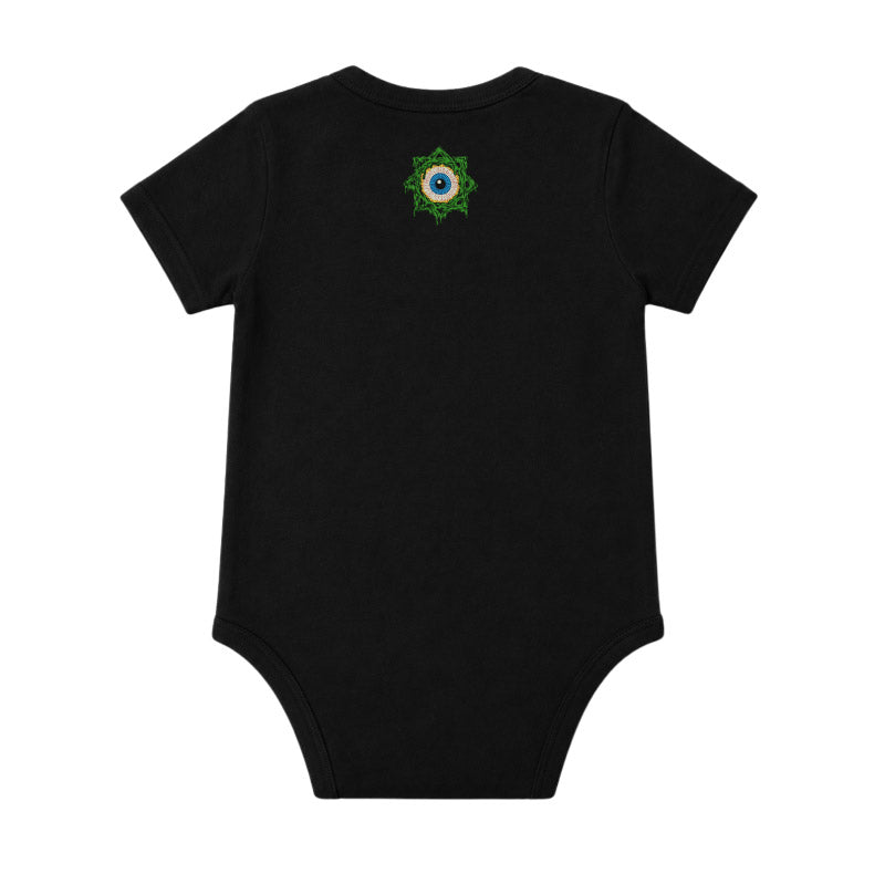 back print of Faith No More Babtgrow with Slime Sludge Eye Logo printed on a plain black babygrow