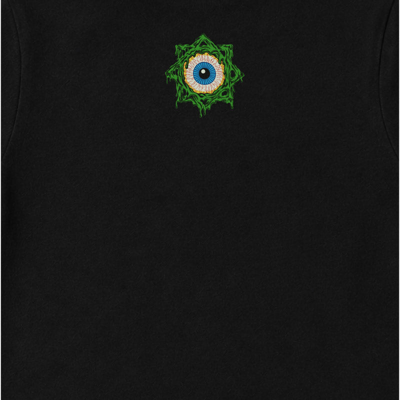 Close up of the back print of Faith No More Babtgrow with Slime Sludge Eye Logo printed on a plain black babygrow