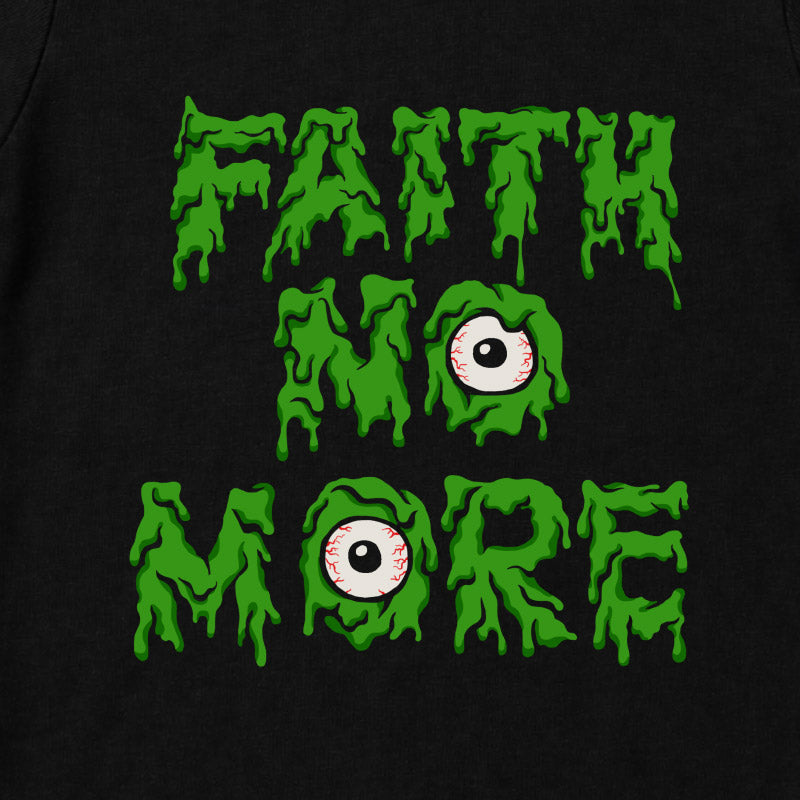 Close up of Faith No More Babtgrow with Slime Sludge Eye Logo printed on a plain black babygrow