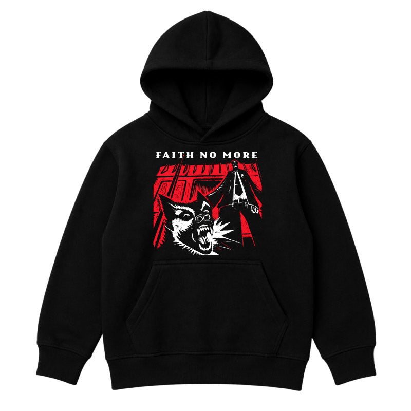 Faith No More kids hoodie with King For A Day artwork printed on a plain black hoody