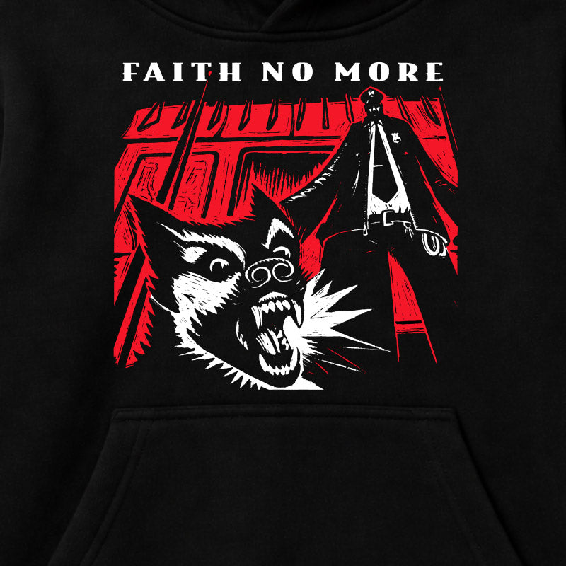 Close up of Faith No More kids hoodie with King For A Day artwork printed on a plain black 