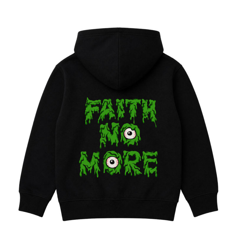 Faith No More kids hoodie with Slime Sludge Eye Logo printed on the backt of  a plain black Hoody