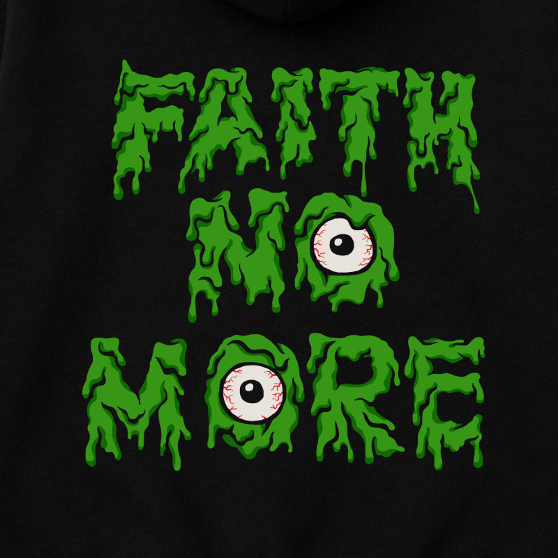 Close up of Faith No More kids hoodie with Slime Sludge Eye Logo printed on the back of  a plain black Hoody