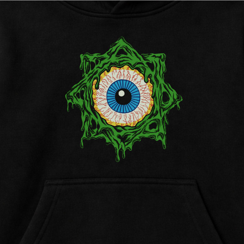 Close up of Faith No More kids hoodie with Slime Sludge Eye Logo printed on the front of  a plain black Hoody